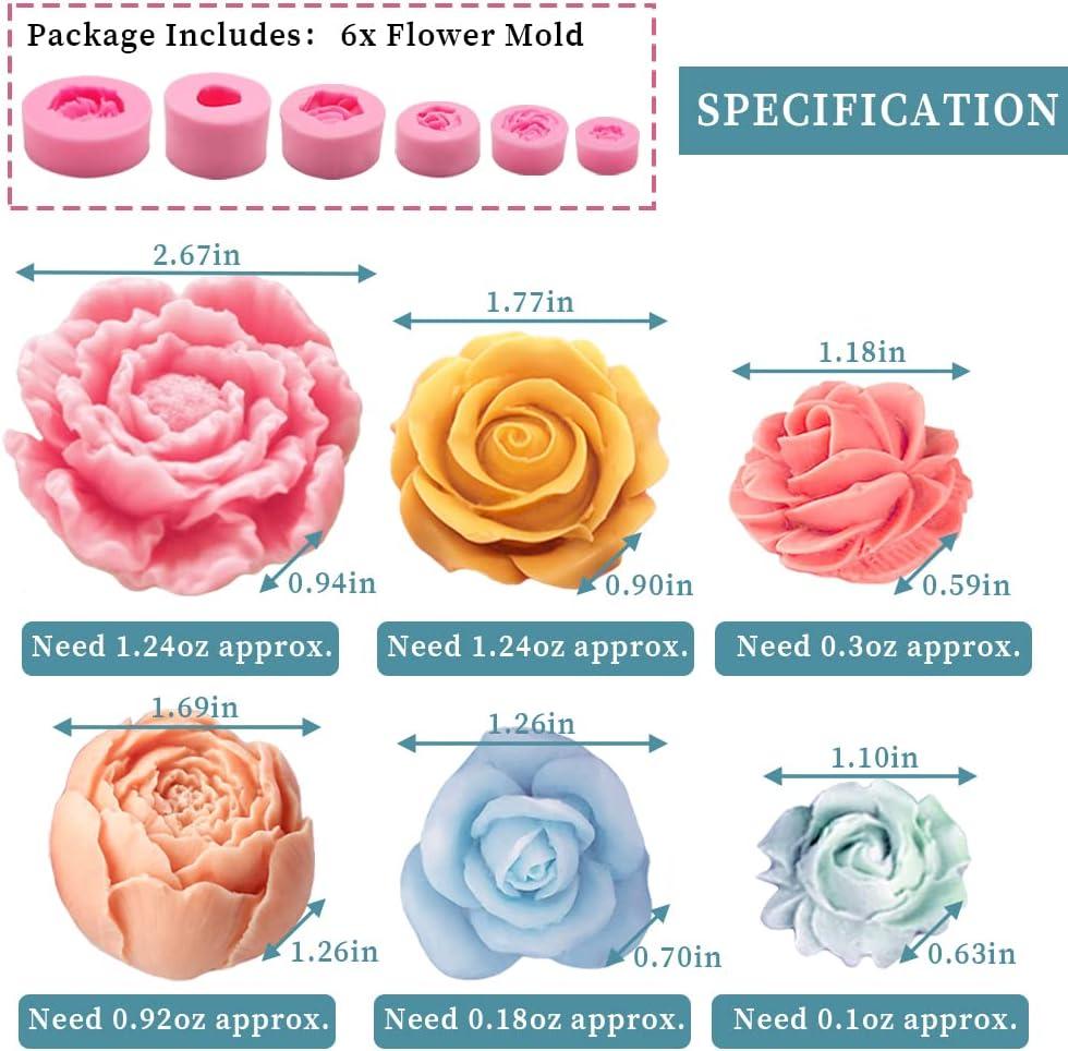 6PCS 3D Flower Fondant Molds Set, Rose Silicone Molds for Candle