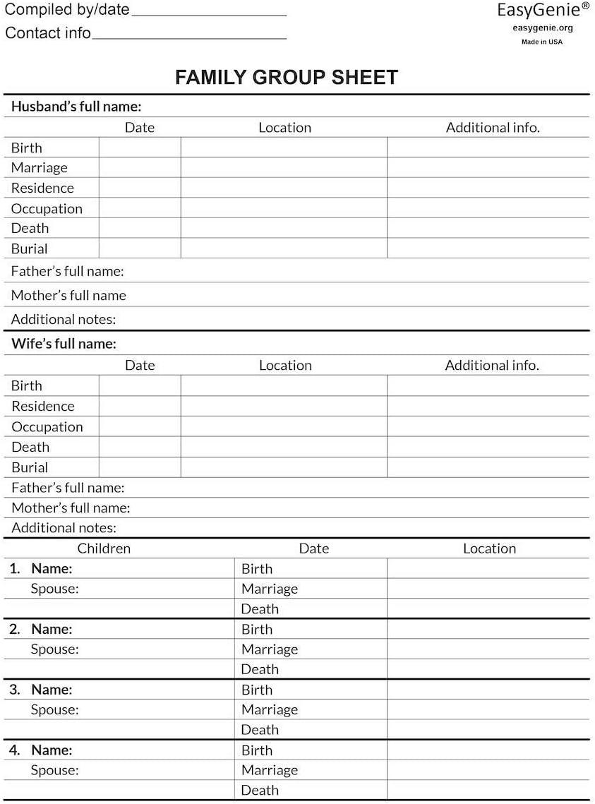 Large Print Family Group Sheets for Ancestry (30 Sheets) Archival