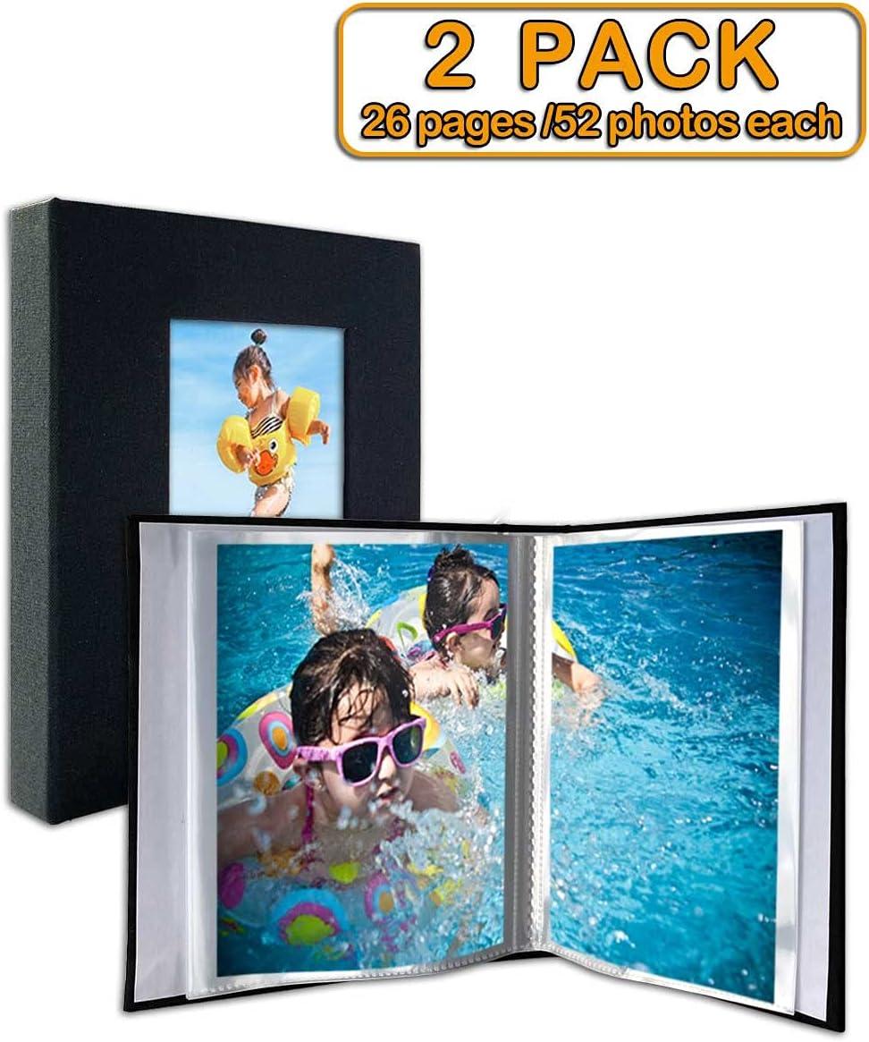Small Photo Album 5x7 2 Pack Each 26 Clear Pages Hold 52 Pictures. 5x7  Photo Album for 5x7 Pictures Artwork Drawings Linen Cover with Front Window  Black Fabric 5x7''-2 PACK Black