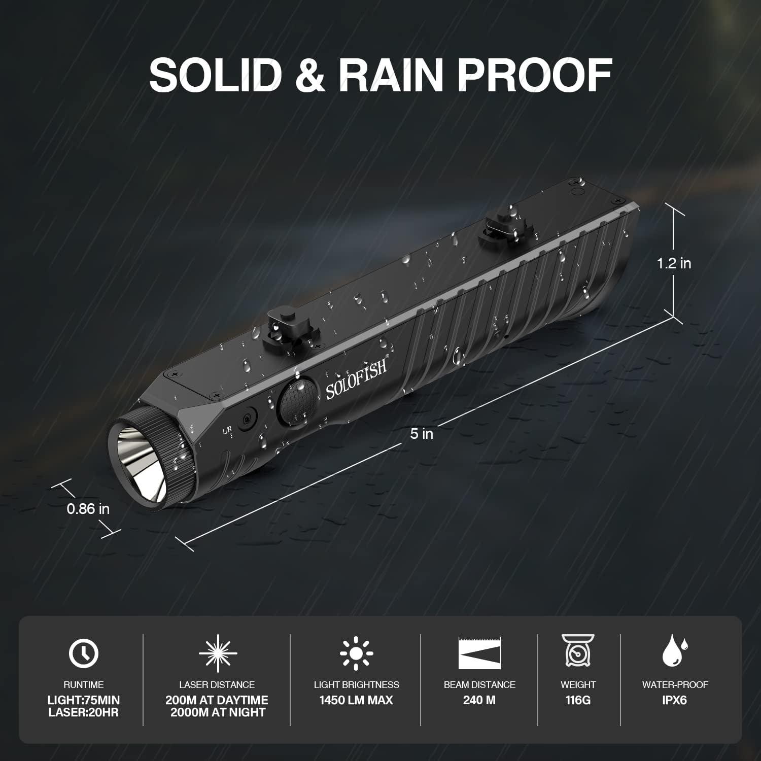 SOLOFISH 1450 Lumens MLOK Mount Tactical Flashlight with Green Laser