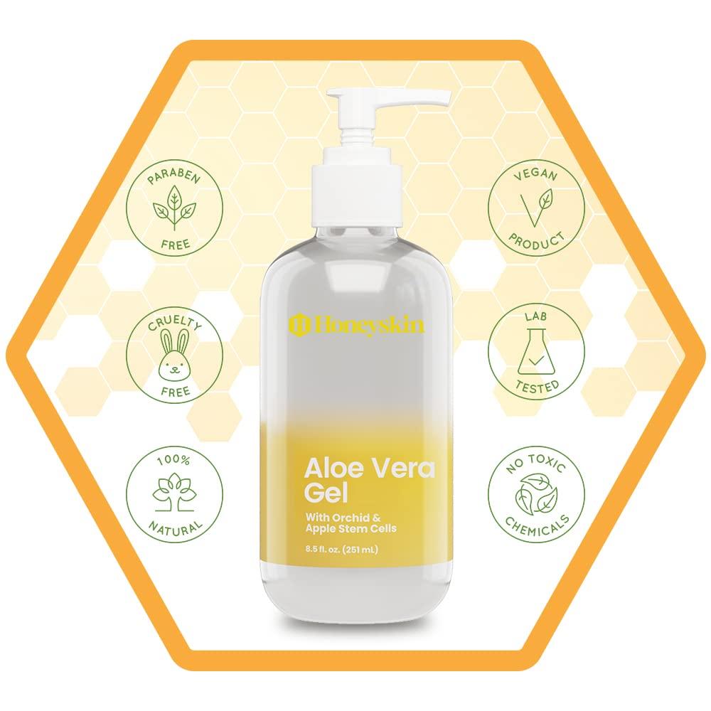 Organic Aloe Vera Gel with Manuka Honey & Vegan Stem Cells for Face, Body,  Hair - Sunburn Relief - Made in USA (8oz)