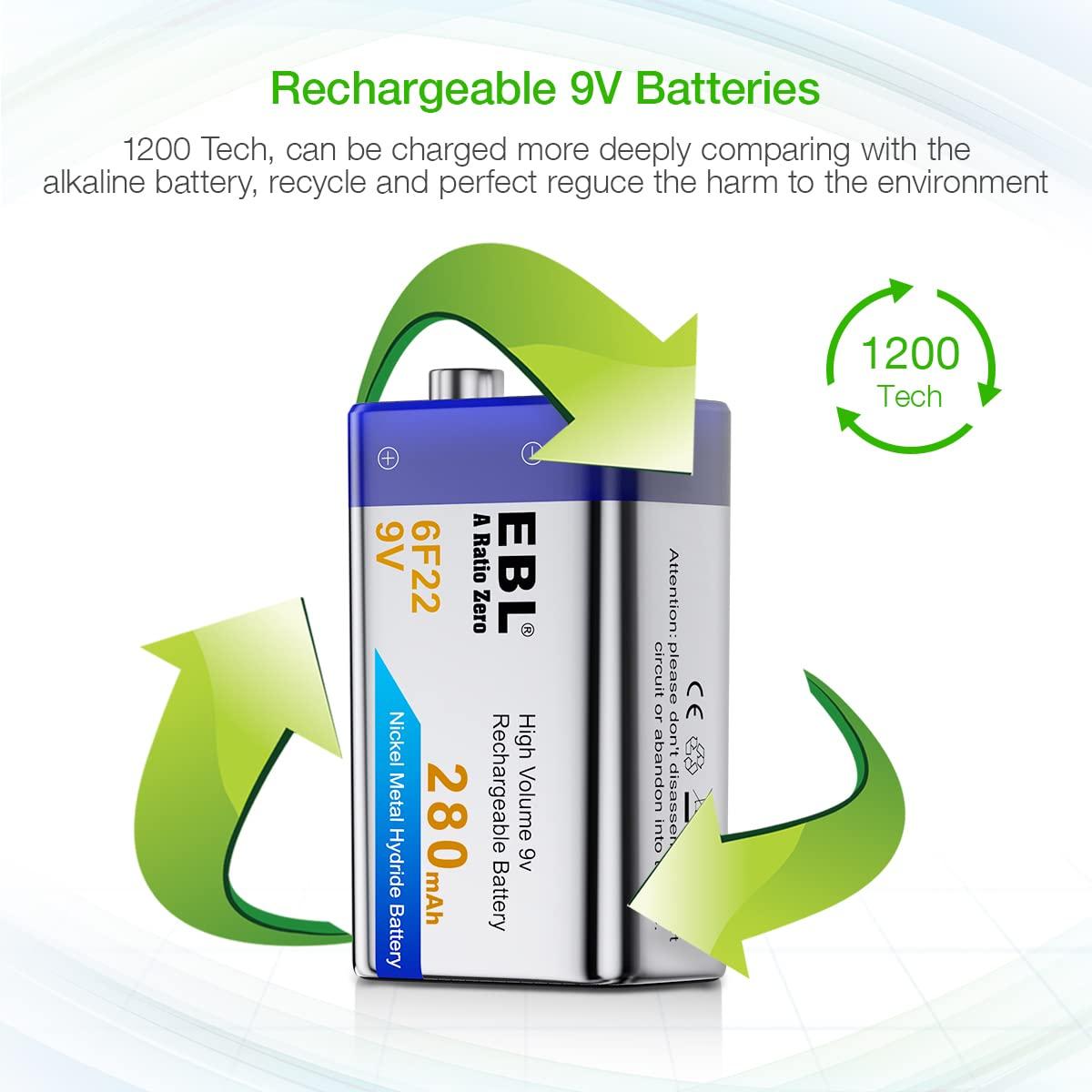 EBL 9V Rechargeable Batteries NiMH Everyday 280mAh 9V Battery for Smoke  Alarm Detector, 4-Packs