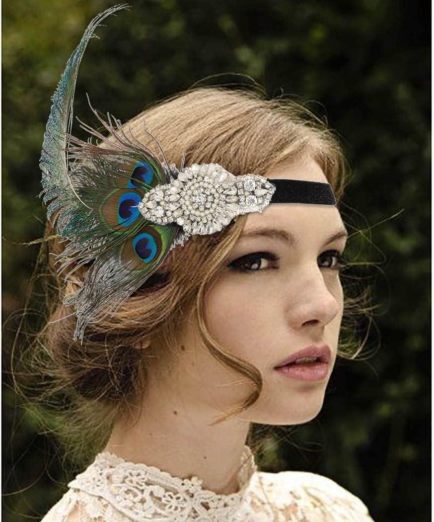IYOU 20s Flapper Headpiece Green Gatsby Headband Peacock Feather