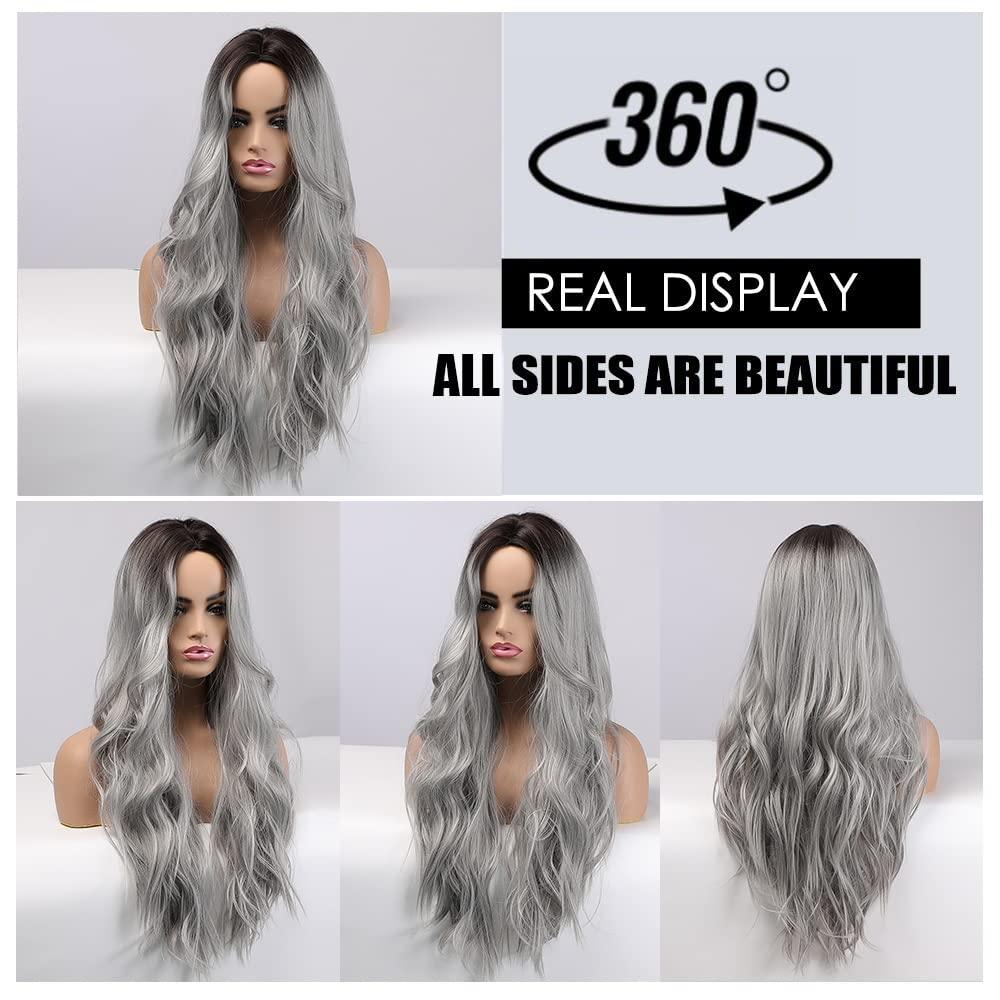 Long Gray Wig for Women Ombre Silver Grey Wigs Middle Part Wavy Cosplay