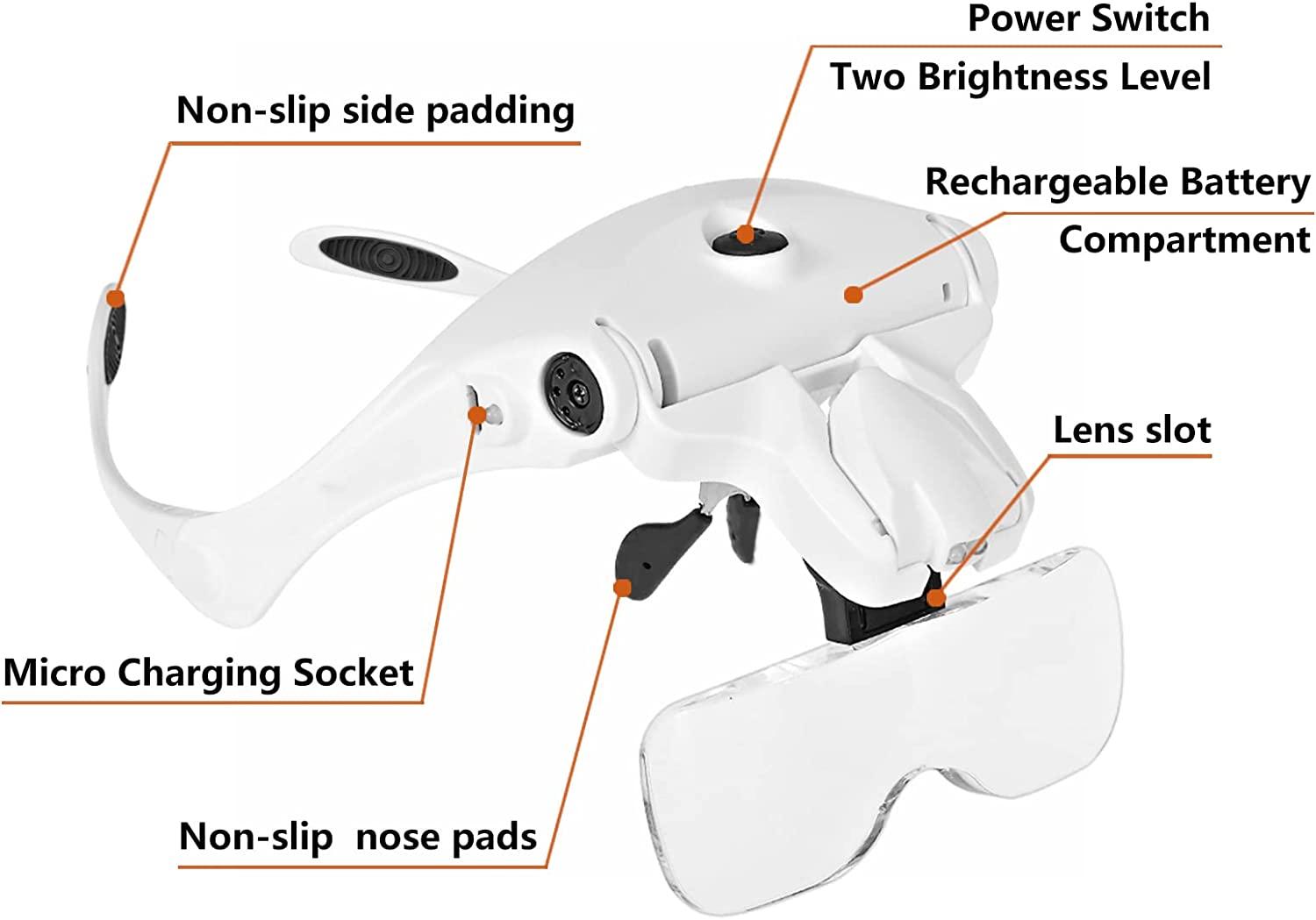 Head Magnifier Glasses with 2 LED Lights USB Charging Magnifying