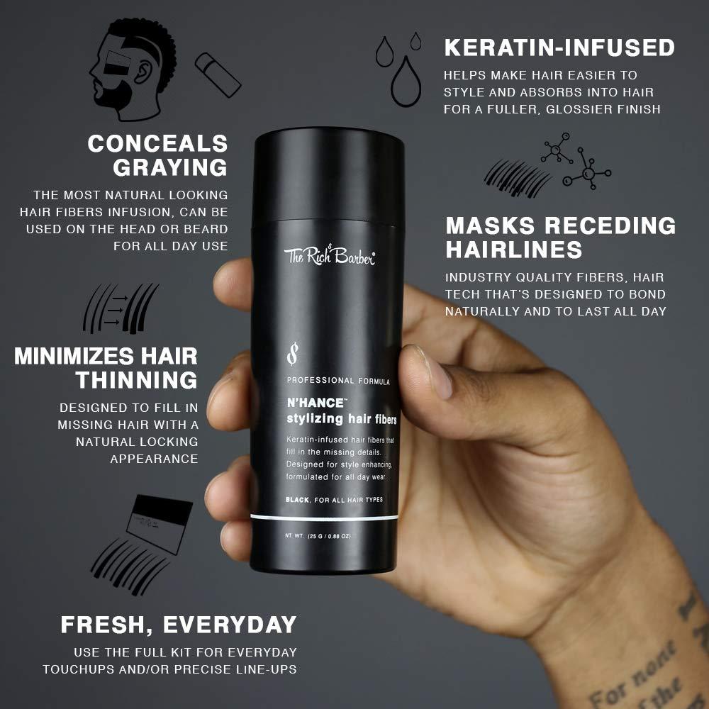 The Rich Barber NHance Hair Fibers Applicator 3-in-1 Set - Natural  Concealing Hair Thickening Fibers - Long-Lasting Spray with Accessory for  Crisp Hairlines Thicker Beard Styling (Black)