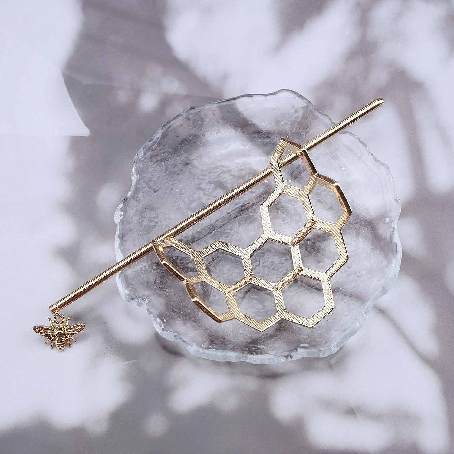 4 Pieces Bee Accessories 2 Pieces Hollow Geometric Bee Honeycomb Hair Clips  and 2 Pieces Bee Hair Pin Clips Dainty Alloy Metal Bee Hair Twist Bun Hair