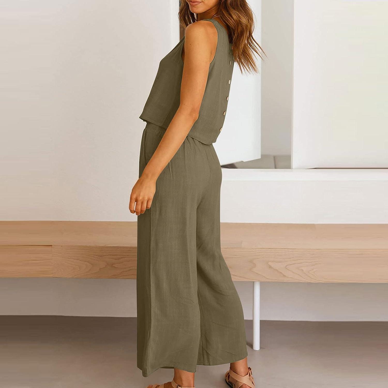 Two Piece Sets for Women Summer Casual Solid Color Set Sleeveless Round  Neck Crop Top Wide Leg Capri Pants with Pocket Khaki Medium