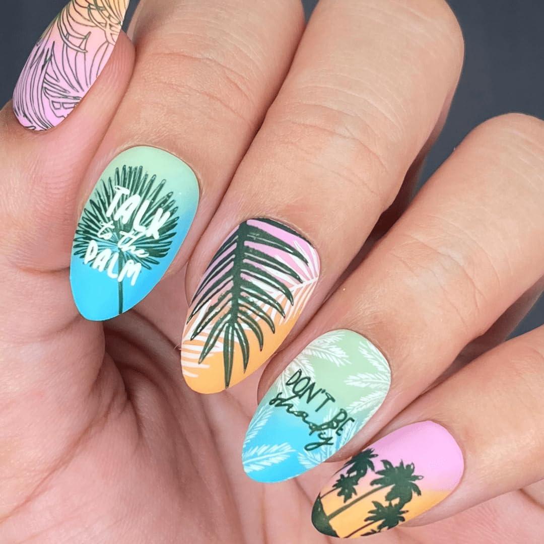 Tropical Beach Nails with Palm Leaf Design