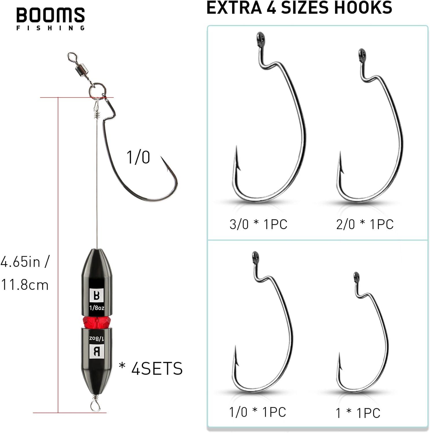 Booms Fishing TR1 Tokyo Rig Pre Rigged Punch Shot Rig Replaceable Hook  Punchshot Kit Bass Fishing Accessories Including Brass Bullet Weights EWG Hooks  Barrel Swivel Split Ring Steel Wire Bead Black_1/4oz_4pack