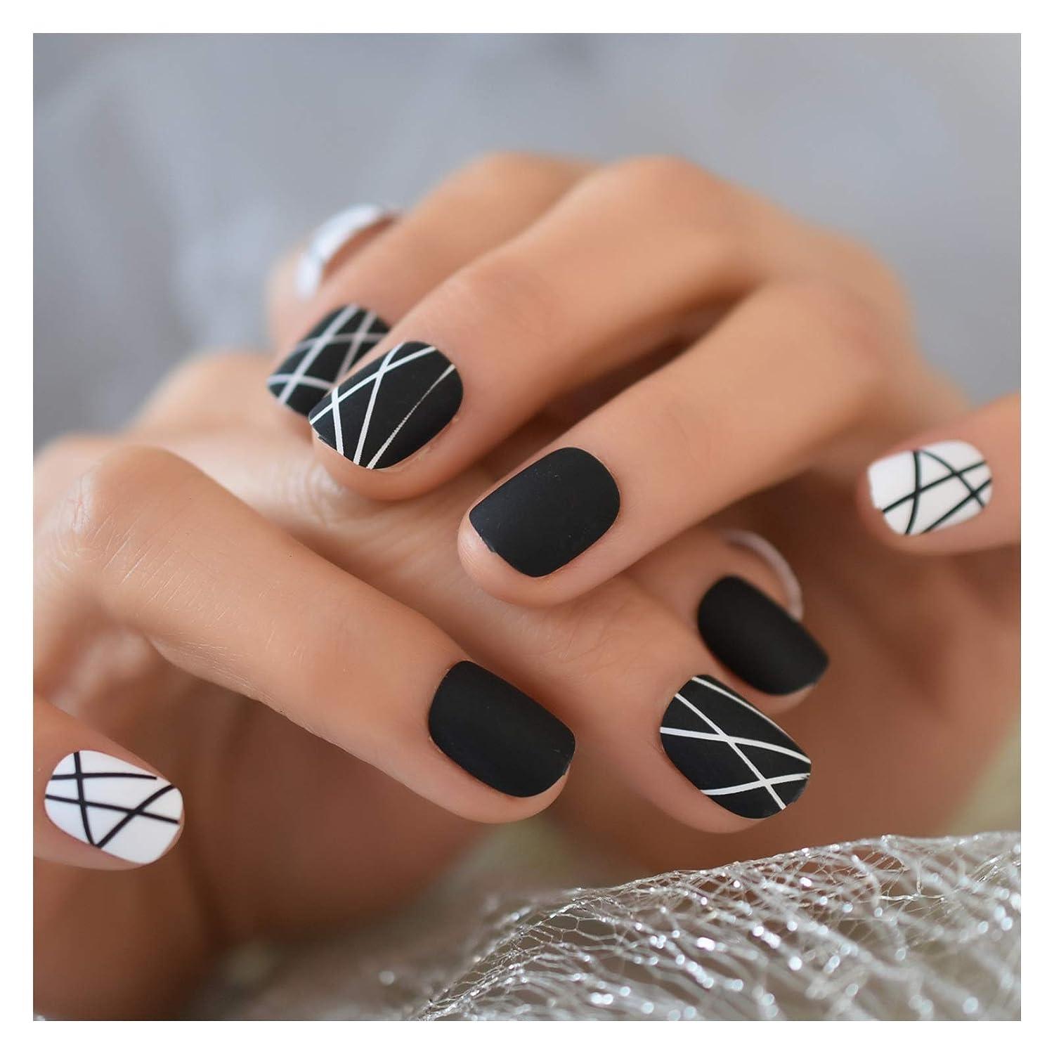 Olbye Black White Fake Nails Glossy Short Press on Nails Art Tips Round  Head False Nails for Women and Girls 24 Pcs : Buy Online at Best Price in  KSA - Souq