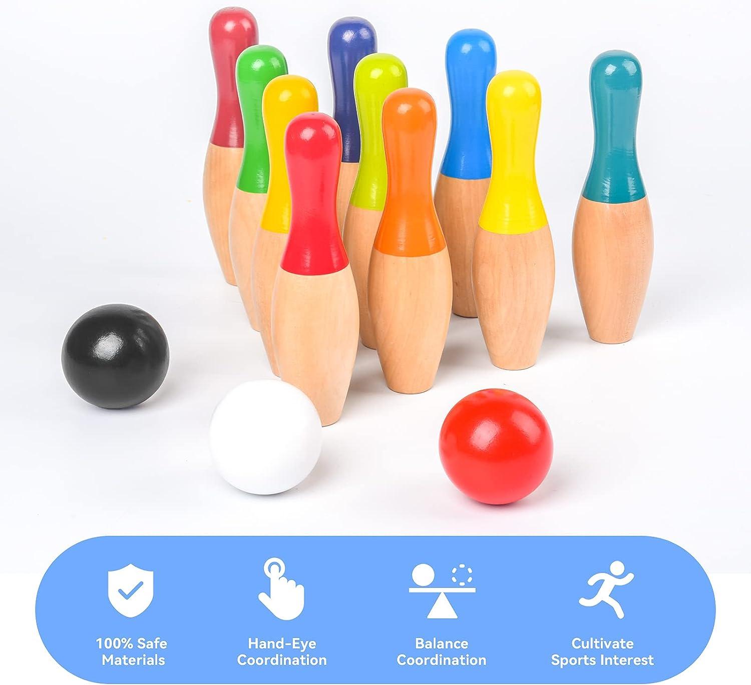 WODI Wood Bowling Backyard Games Wooden Pins Balls,and Mesh Carrying Bag  Educational Games Indoor and Outdoor Toys Family Fun for Kids Toddlers and  Adults 7.1IN
