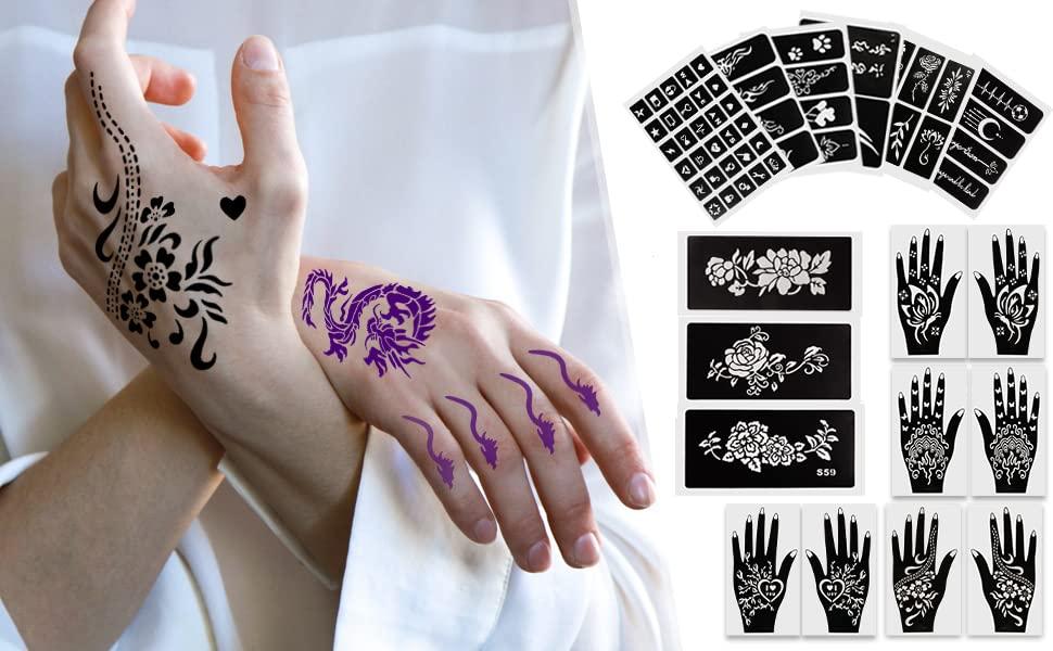 Qullue henna tattoo stencils kit henna kit Self-adhesive hand mold, flowers  and other motifs are suitable for women, girls and teenagers DIY Body Art  Stencils. (henna tattoo stencils kit II)
