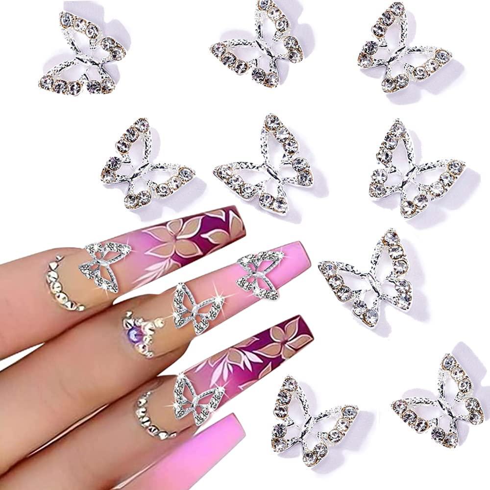 3D Alloy Butterfly Nail Charms 20pcs Metal Butterfly Nail Gems Nail  Rhinestones Shiny Crystal Nail Art Charms Nail Decoration for Nails DIY  Manicure Jewelry Accessories Women Nail Supplies(Silver)