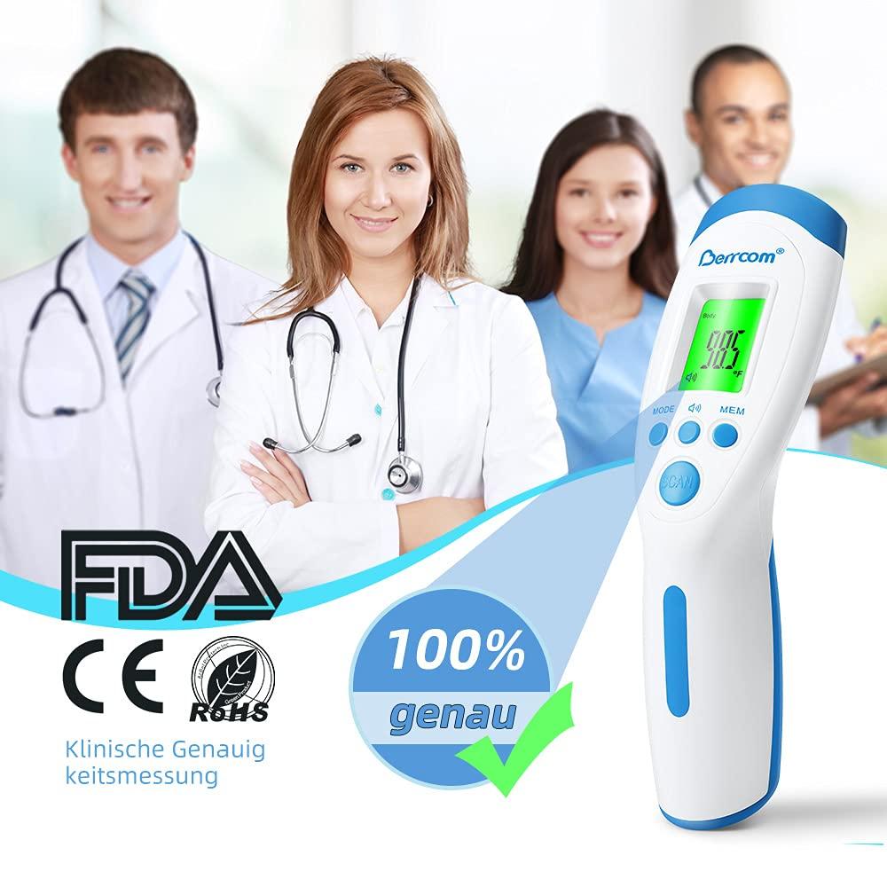 Berrcom No-Contact Infrared Forehead Thermometer Medical Grade Baby Fever Check Thermometer 4 In 1 Multifunctional Fever Alarm Memory Recall For Kids Infant Adult With FDA And CE