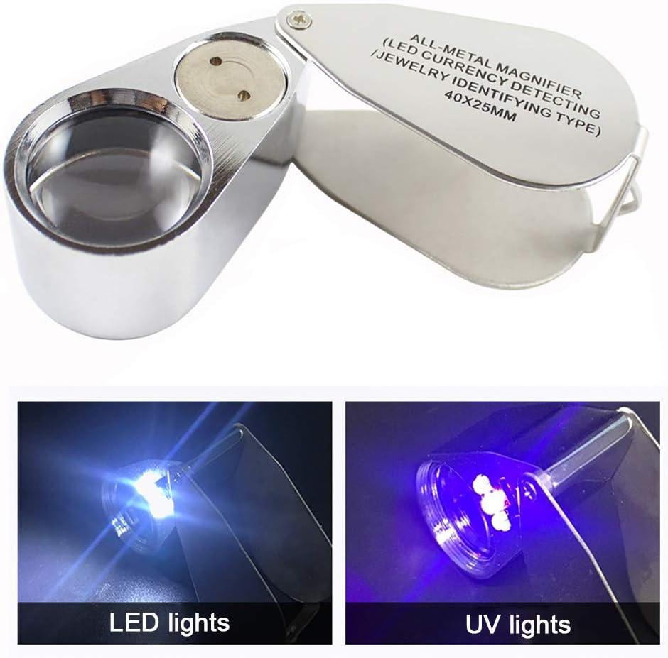 thumbnail image 2 of 10 Pack 40X Full Metal Illuminated Jewelry Loop Magnifier, XYK Pocket Folding Magnifying Glass Jewelers Eye Loupe With Led Led Currency Detecting Jewelry Identifying 2 of 13