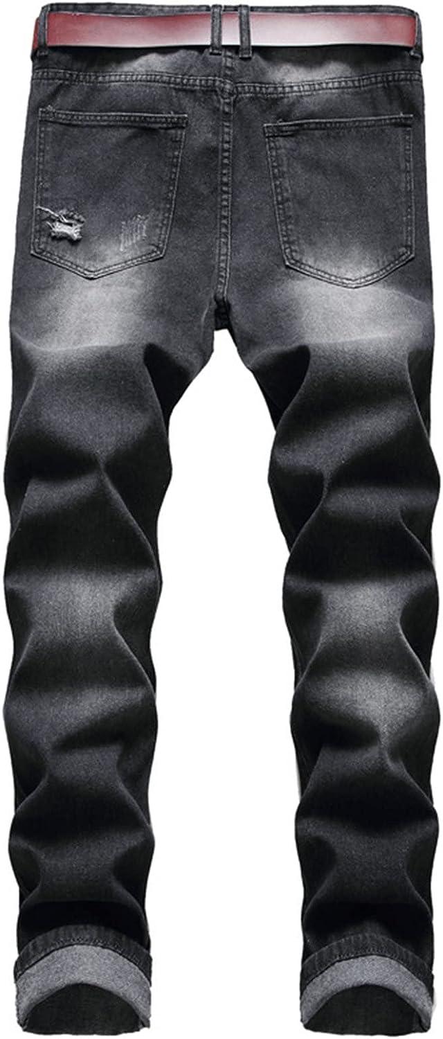 Retro Ripped Slim Jeans for Men Regular Fit Destroyed Distressed Jean  Vintage Straight Stretch Comfort Denim Pants Black 34