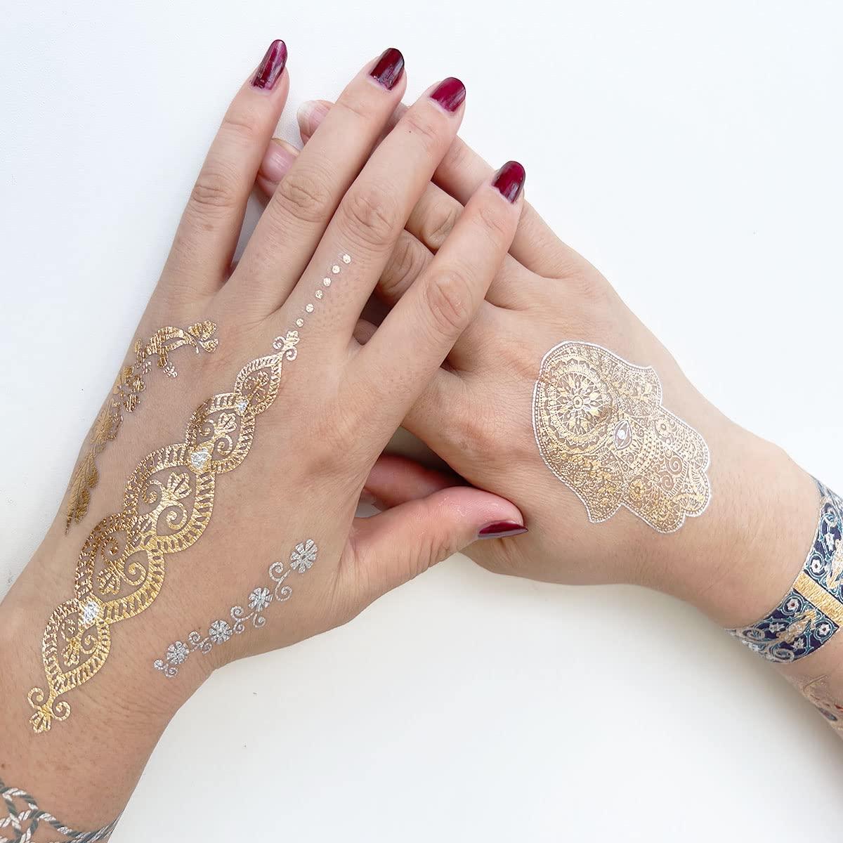 12 Sheets Glitter Temporary Tattoos Gold Silver Henna Large Metallic