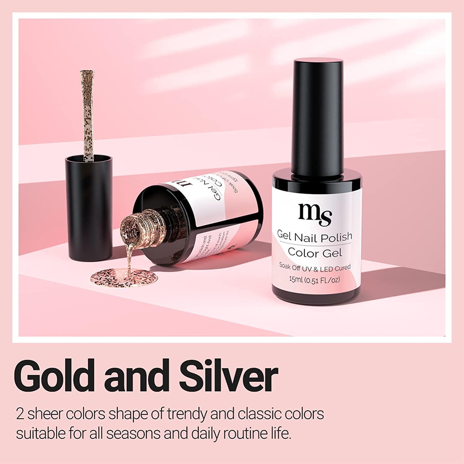 Gold and Silver Gel Nail Polish, 2 Colors Glitter Shimmer Gold Silver