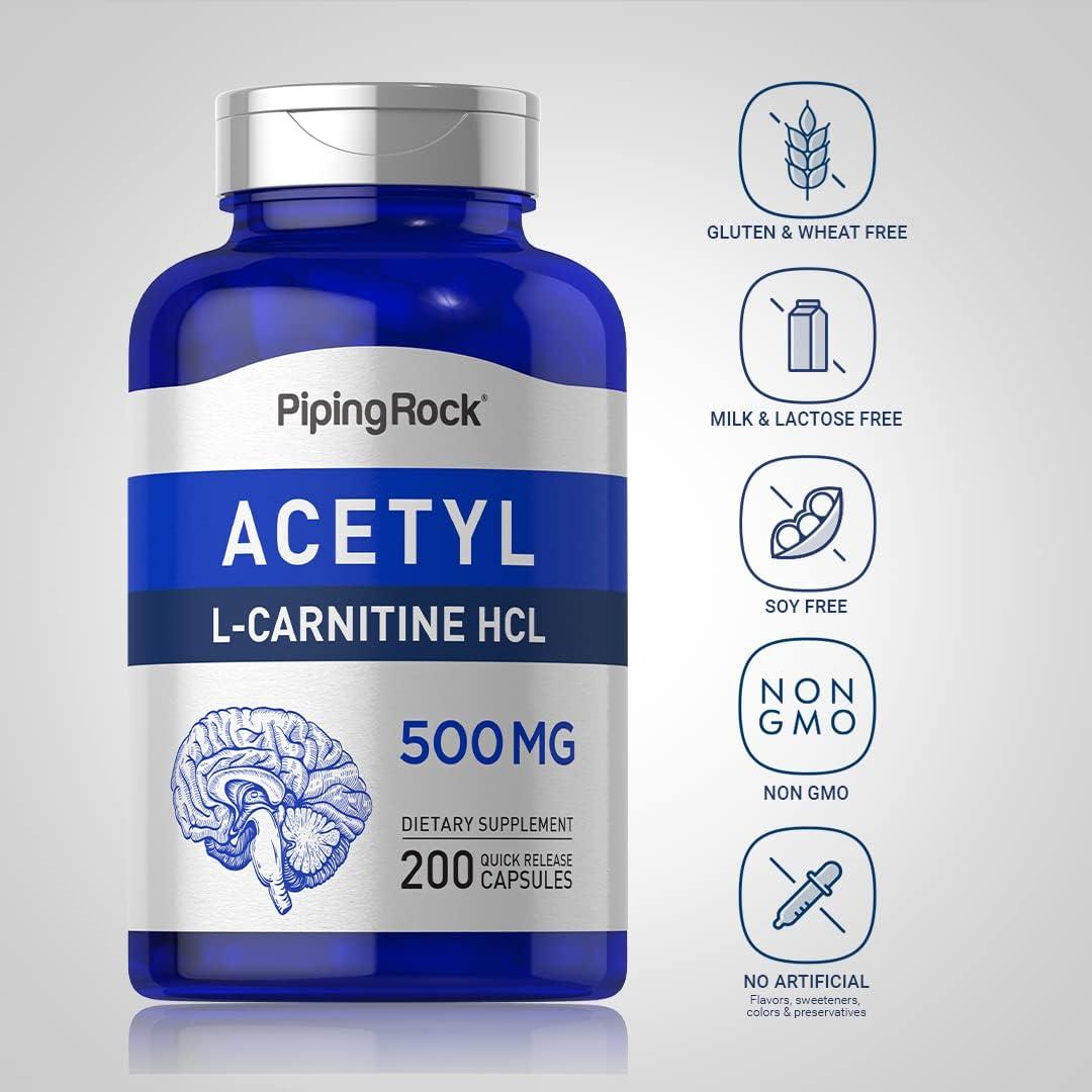 Piping Rock Acetyl L-Carnitine 500mg | 200 Capsules | Non-GMO Gluten Free  Supplement | Buy Now with Express International Delivery