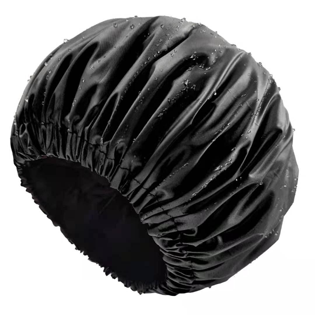 Adjustable Extra Large Black Shower Cap for Women and Men Satin Lined