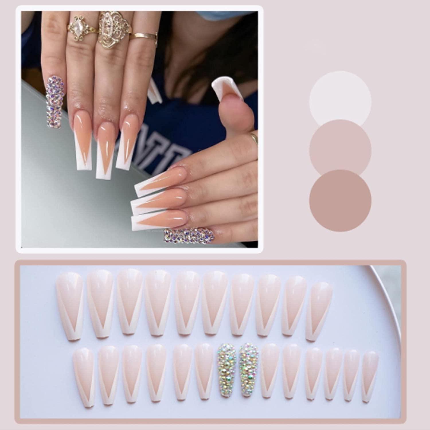Kamize French Tips Press on Nails Coffin Ballerina Long Fake Nails