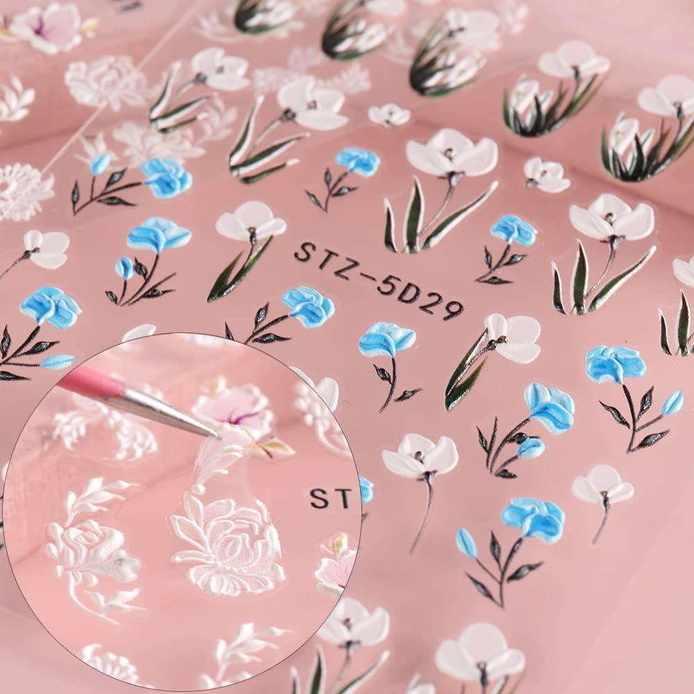 5D Embossed Flowers Nail Stickers - 6 Sheets Engraved Flower Decals for Acrylic Nails | Spring ...