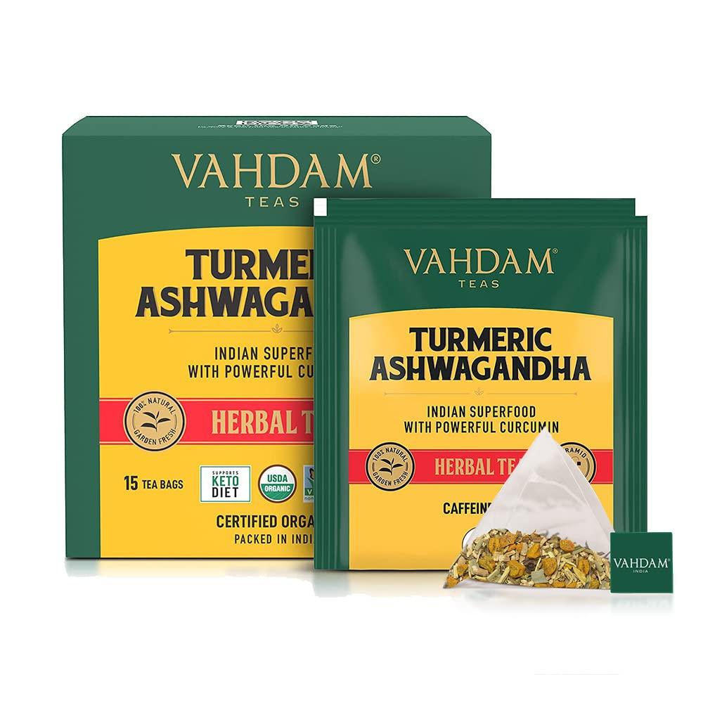 VAHDAM Organic Turmeric Ashwagandha Herbal Tea 30 Tea Bags USDA