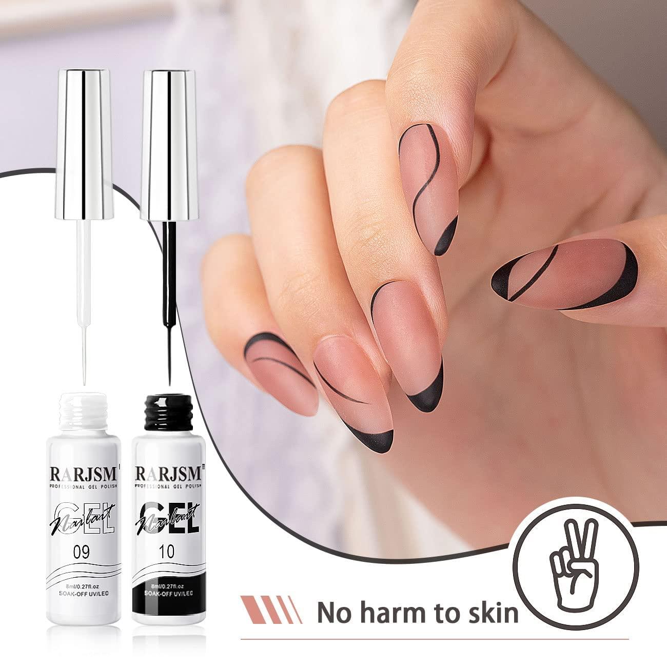 RARJSM Nail Art Gel,Liner Gel Polish,Black White Nail Design Polish Painted Gel  Nail Polish Set 2Pcs Soak off Curing Requires 8ml Build in Thin Brush for  Home Salon Diy Nail French Manicure