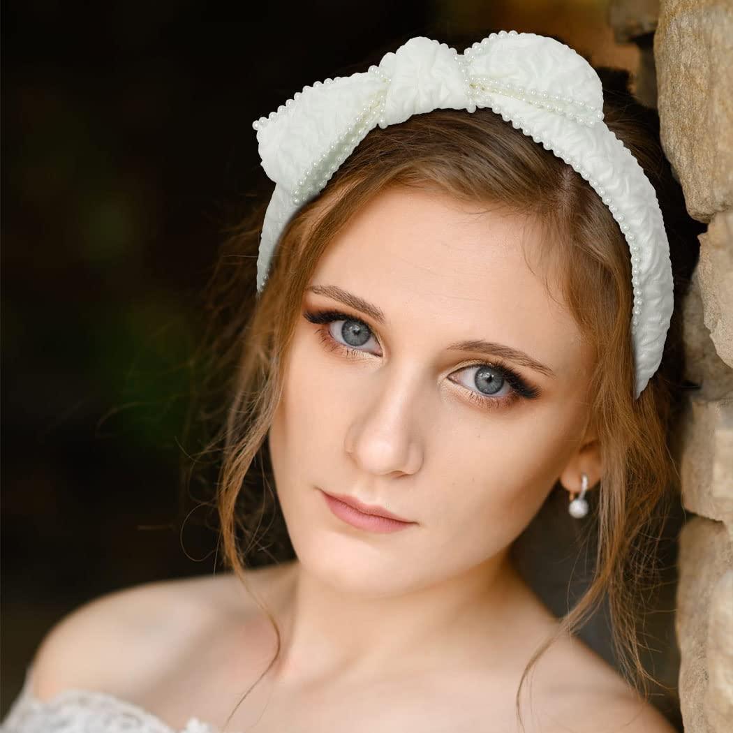 White Bowknot Headband with Pearls Prom Wedding Hair Accessory