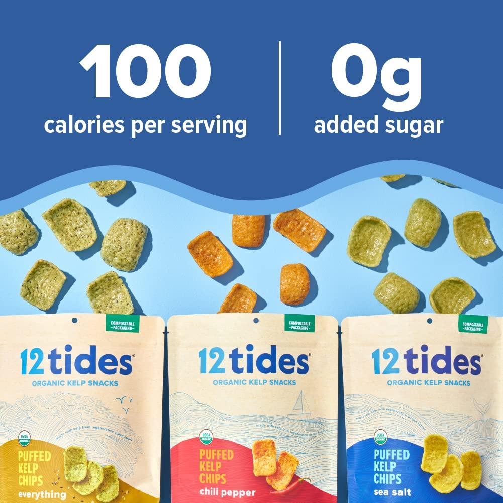 12 Tides Organic Puffed Kelp Chips Plant Based Seaweed Snack (4 Pack