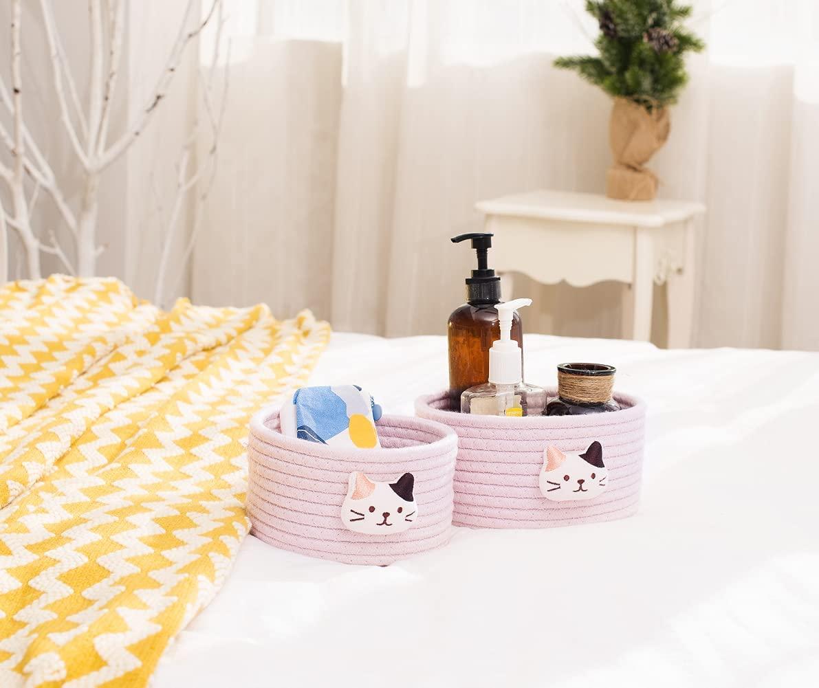 LixinJu Small Basket for Organizing Small Woven Basket Set of 2 Cat Small  Rope Basket Decorative Mini Storage Bins Round Little for Desk Dog Cat Toy  Kids Baby Girls Gifts, Pink Cat 