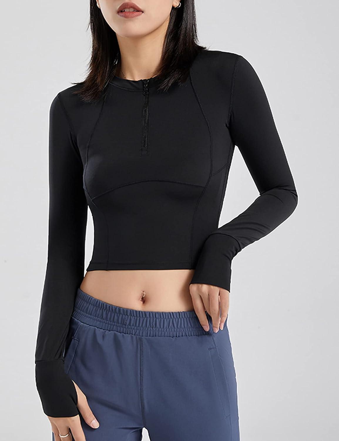 ZHENWEI Women's Cropped Athletic Jackets Half Zip Tight Workout Tops for  Women Long Sleeve Black Medium