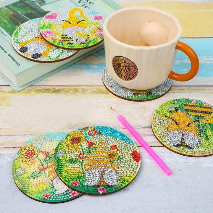 Sunflower Gnome Diamond Painting Coasters Set with Holder - DIY
