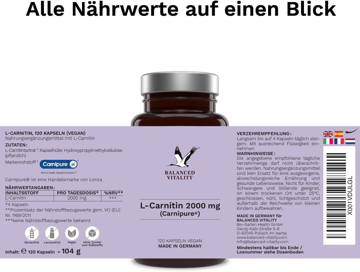L-Carnitine 2000 mg - 120 Vegan Capsules | Raw Material Carnipure by Lonza  | High-Dosed Laboratory Tested Made in Germany - Boost Your Vitality! | Buy  Now with Express International Delivery
