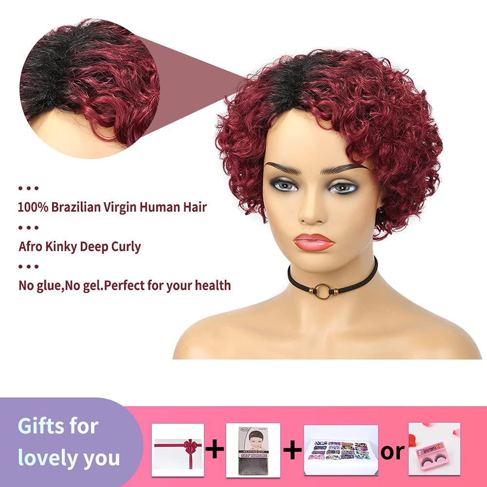 Quantum Love Human Hair Wigs Curly Wave Side Part Wig Short Bob Pixie Cut  Brazilian Remy Human Hair Deep Curly None Lace Front Wigs for Women Ombre  Black Burgundy Color OT530