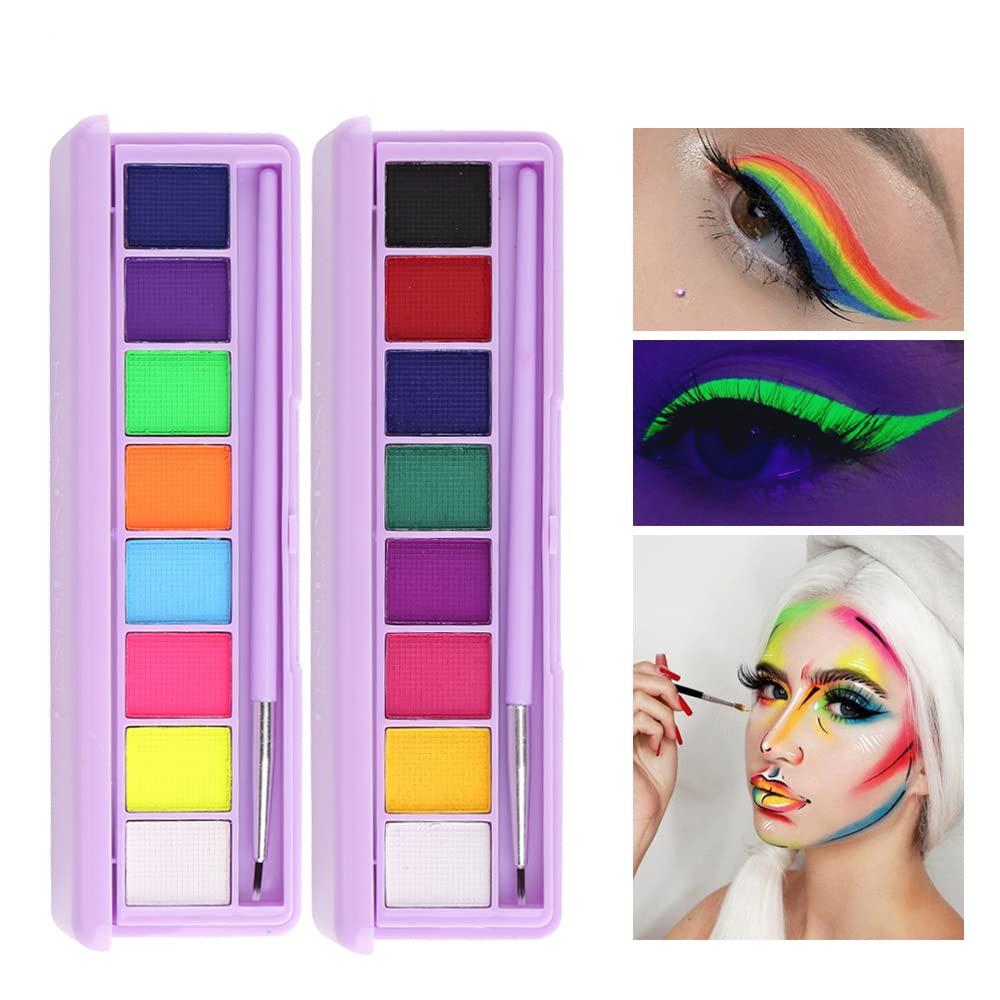 MEICOLY 2 Packs Water Activated Eyeliner Palette, Neon Face Paint Colored  Retro Hydra Liner,Matte Graphic Eyeliner, UV Glow Fluorescent Black White  Body Paint,16 Colors
