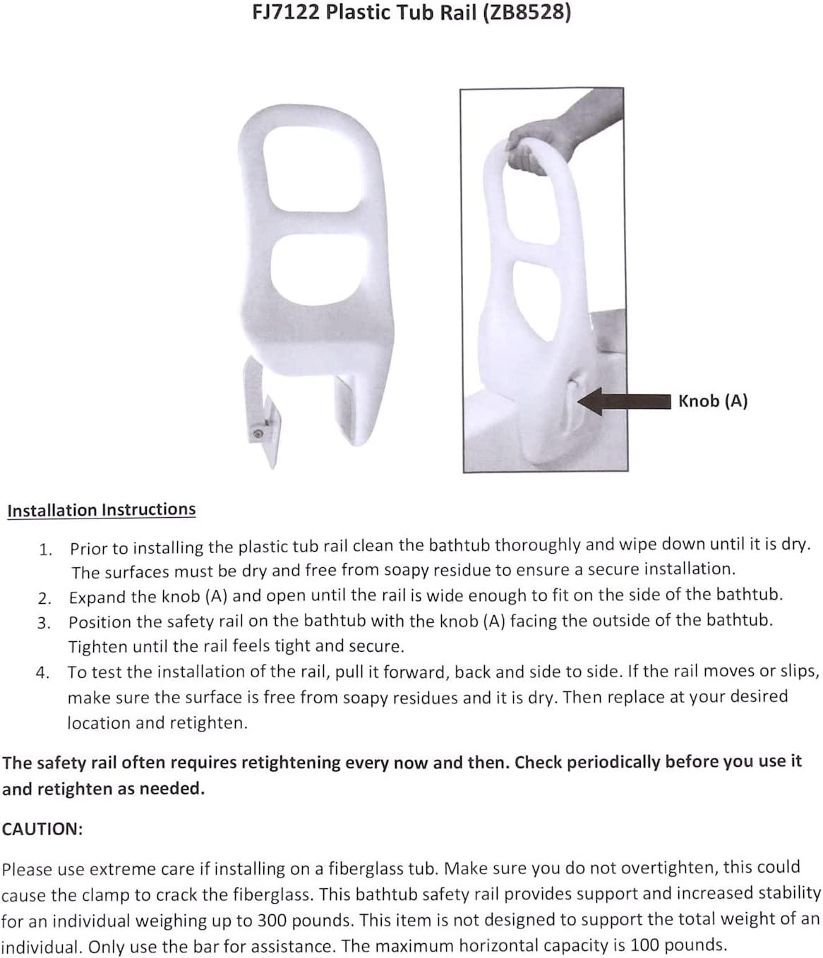 Jobar Molded Bathtub Rail ClampOn Bathroom Safety Grab Bar