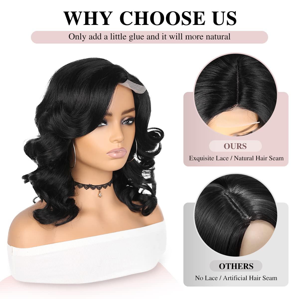 Fancy Hair Short Body Wavy Wig Curly Loose Wave Wigs Big Curly Lady Side  Part Shoulder Length Wigs Synthetic Bob Wavy Wig for Black Women (Natural  Black) Black 14 Inch
