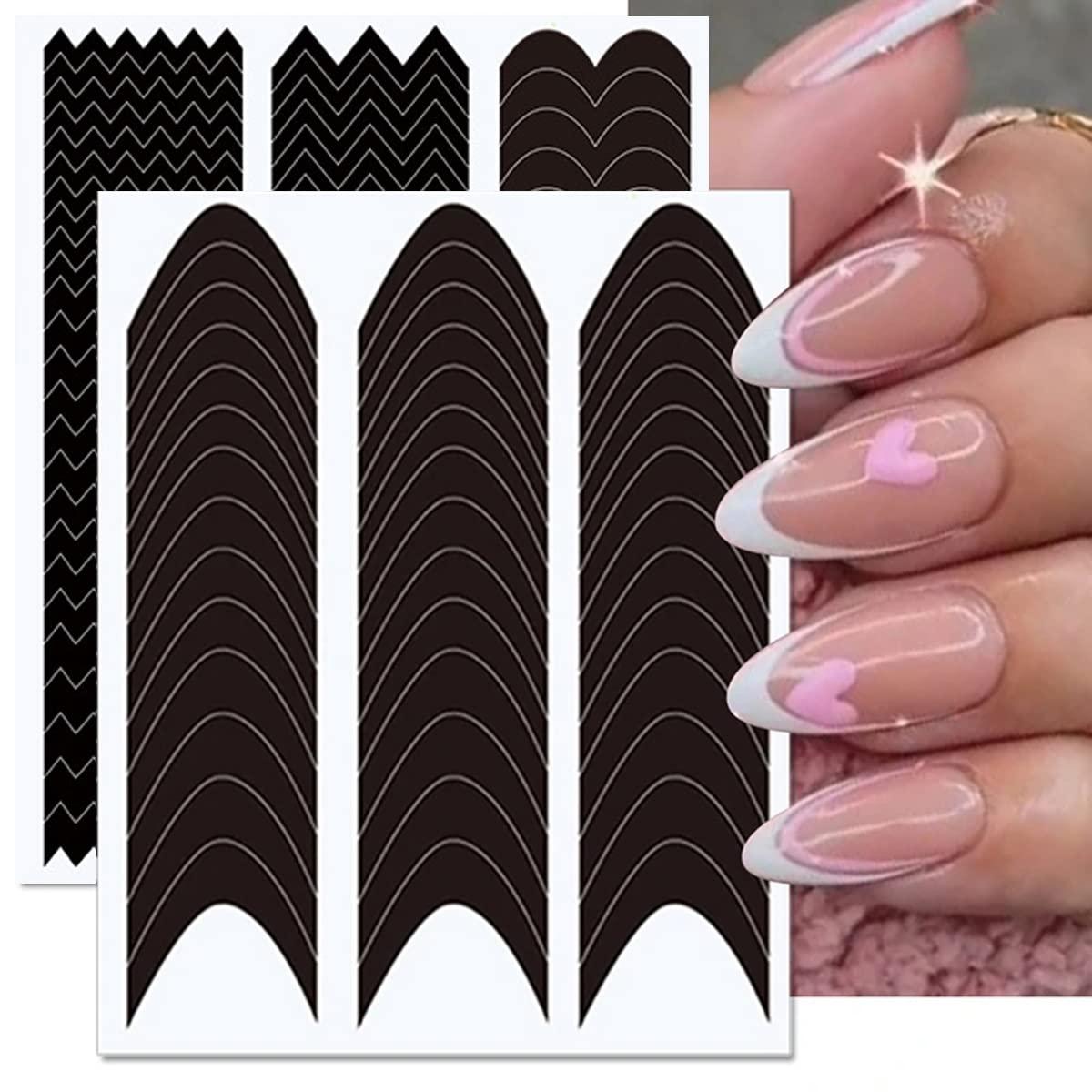  French Nail Art Stickers 3D Self-Adhesive French Manicure Nail  Stencils Wavy Line V Shape Nail Decals Designs French Tip Nail Stickers for  Women Girls DIY Nail Decoration Stencil Tools 6 Sheets 