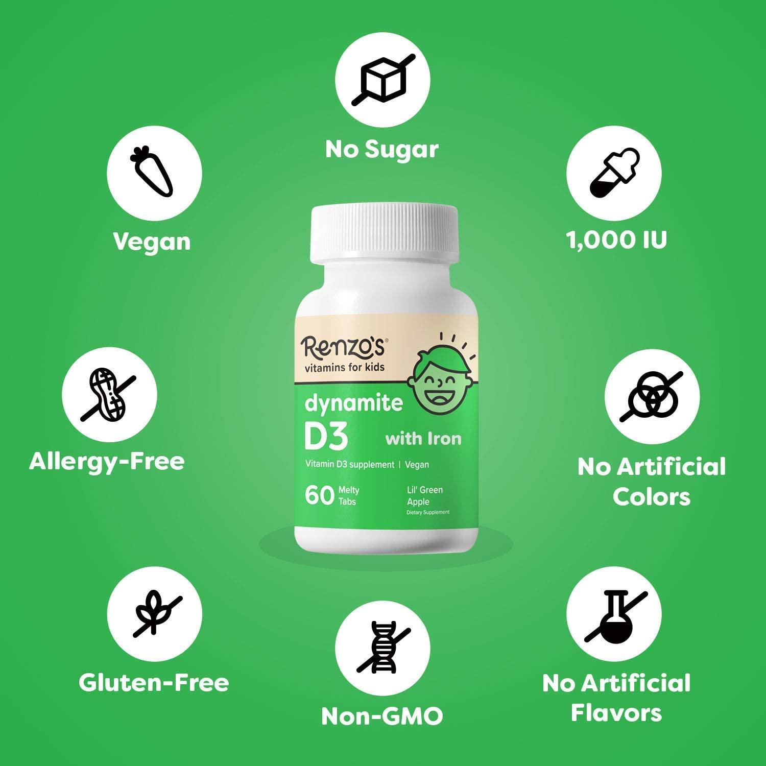 Renzo's Vitamin D3 for Kids Vegan Vitamin D for Kids with Zero Sugar