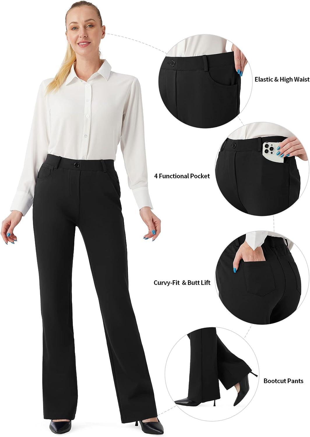  S-XXL 29313335 Inseam Womens Bootcut Dress Pants w/Pocket  Stretch Work Lounge Pant Office Casual Pants Black