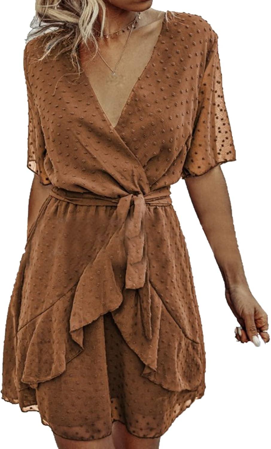 sachin and babi light blue dress Women's V-neck Summer Dresses - High Waist Polka Dot Swing Beach Dress  Tunic - Short Ruffle Knee Length in M Brown | Buy Now with Express  International Delivery