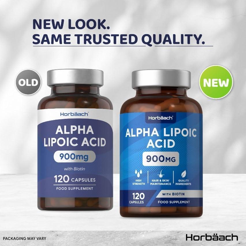 High Strength Alpha Lipoic Acid 900mg with Biotin | 120 Capsules by Horbaach  | No Artificial Preservatives | Buy Now with Express International Delivery  | GoSupps.com