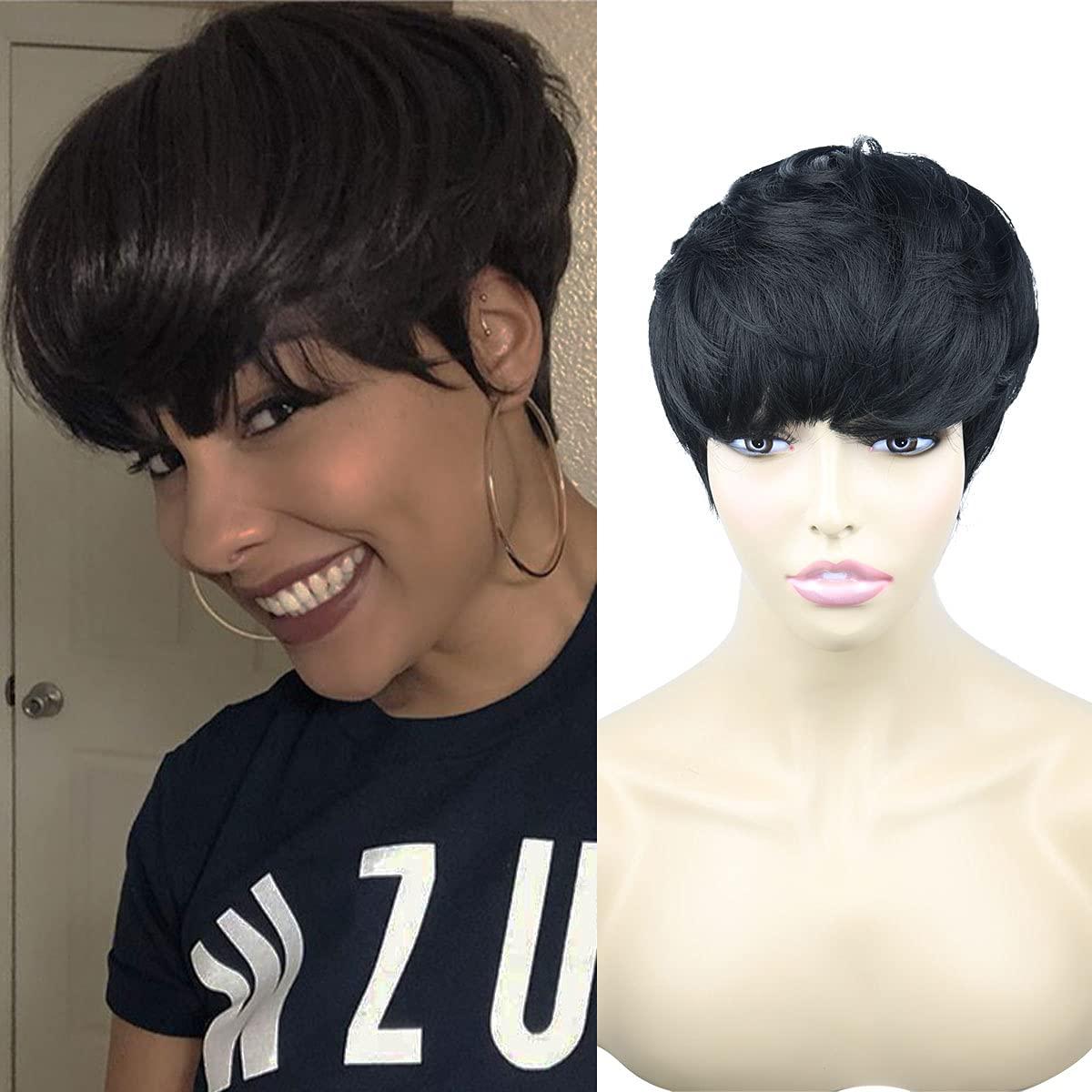 Short Hair Pixie Cut Wigs with Bangs Natural Black Short Wigs for Women  Cute Short Pixie Wigs Straight Slight Layered Wavy Synthetic Full Machine  Wigs (1B# Black)