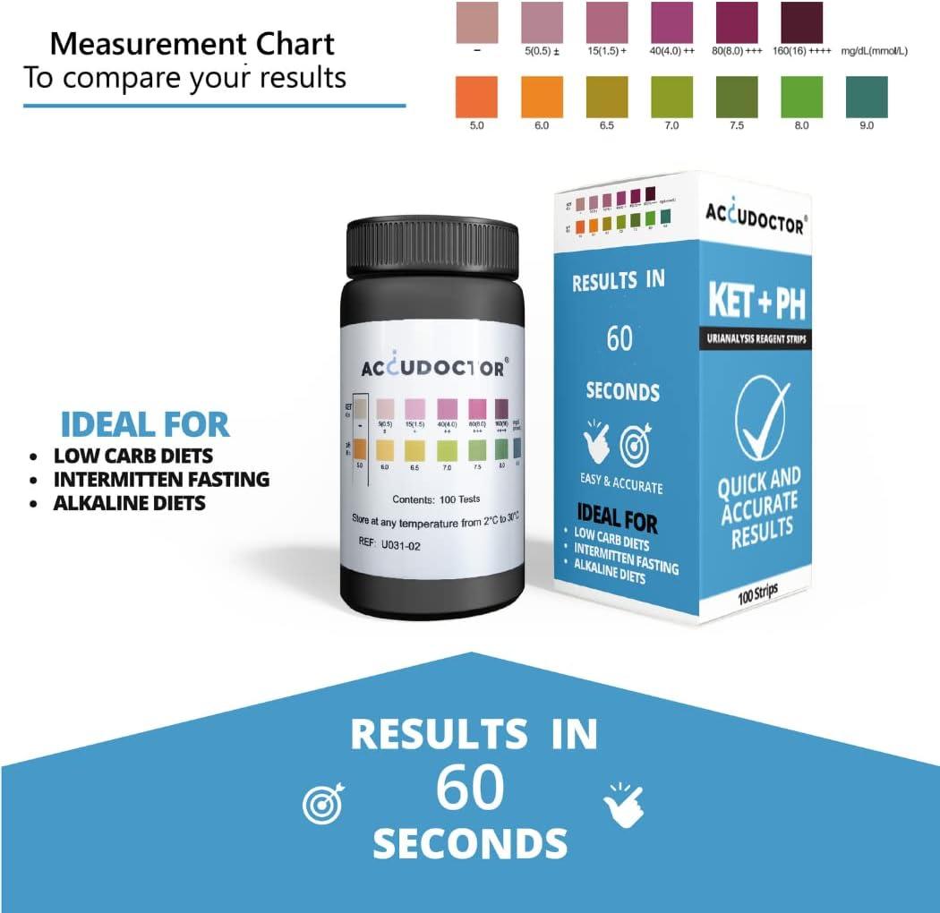 100 Accudoctor Ketones + pH Ket Keto Test Strips Sticks kit strups ketosis Urine Test UK Testing