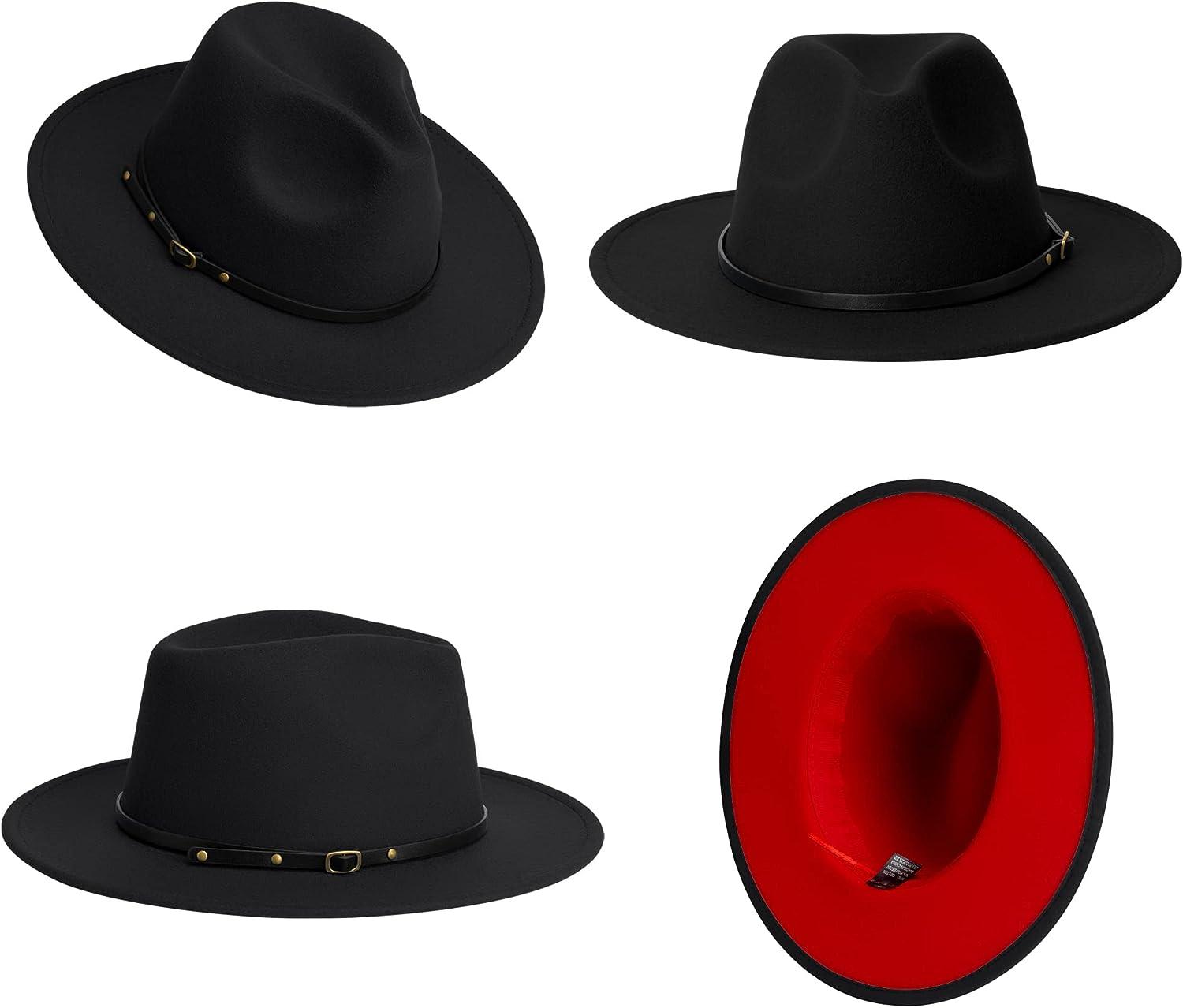 Wide Brim Fedora Hats for Women Dress Hats for Men Two Tone Felt Panama Hat  Small-Medium Black/Red-belt