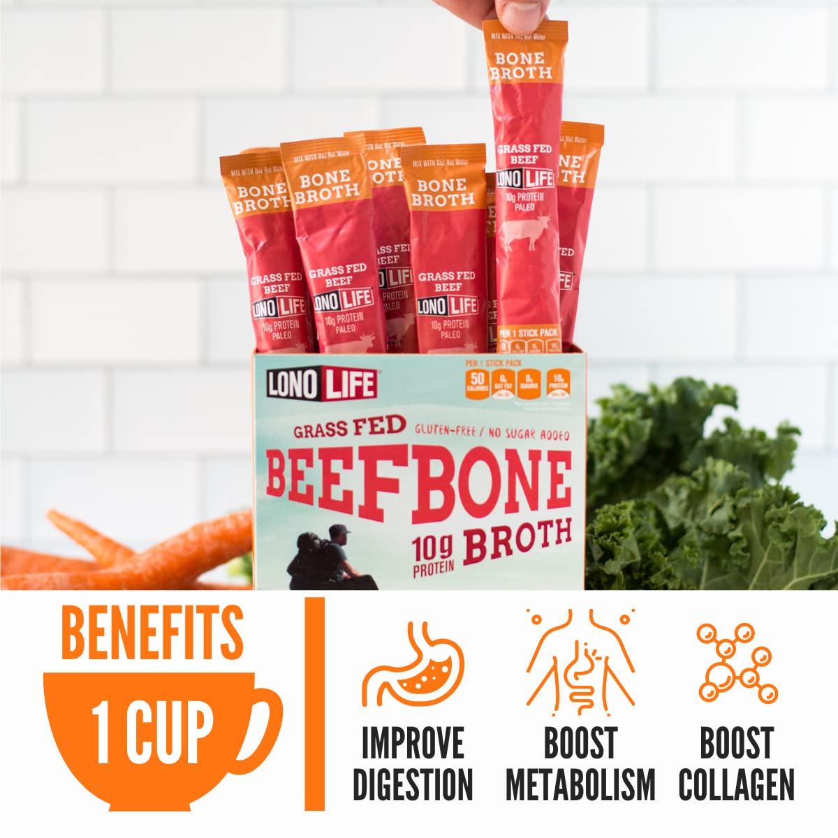 LonoLife GrassFed Beef Bone Broth Powder with 10g Protein, Stick Packs