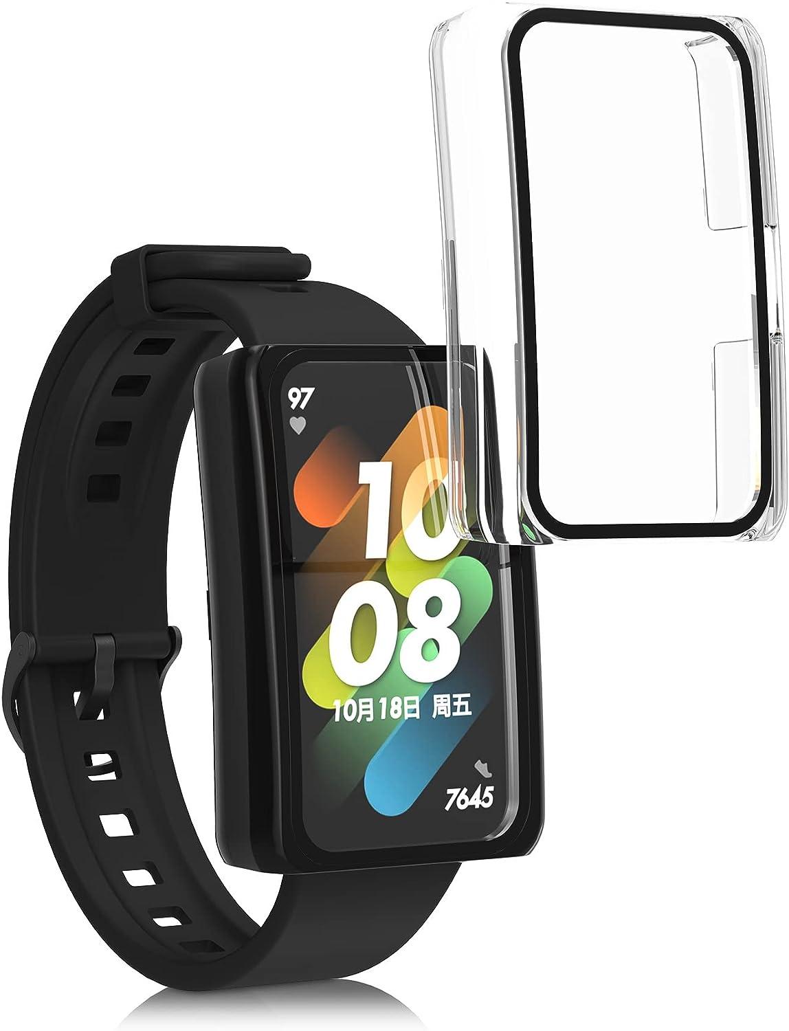 kwmobile Cover Comaptible with Huawei Band 7 / Band 6 / Honor Band 6 (Set  of 2) -Tempered Glass with Plastic Frame - Black/Transparent black /  transparent