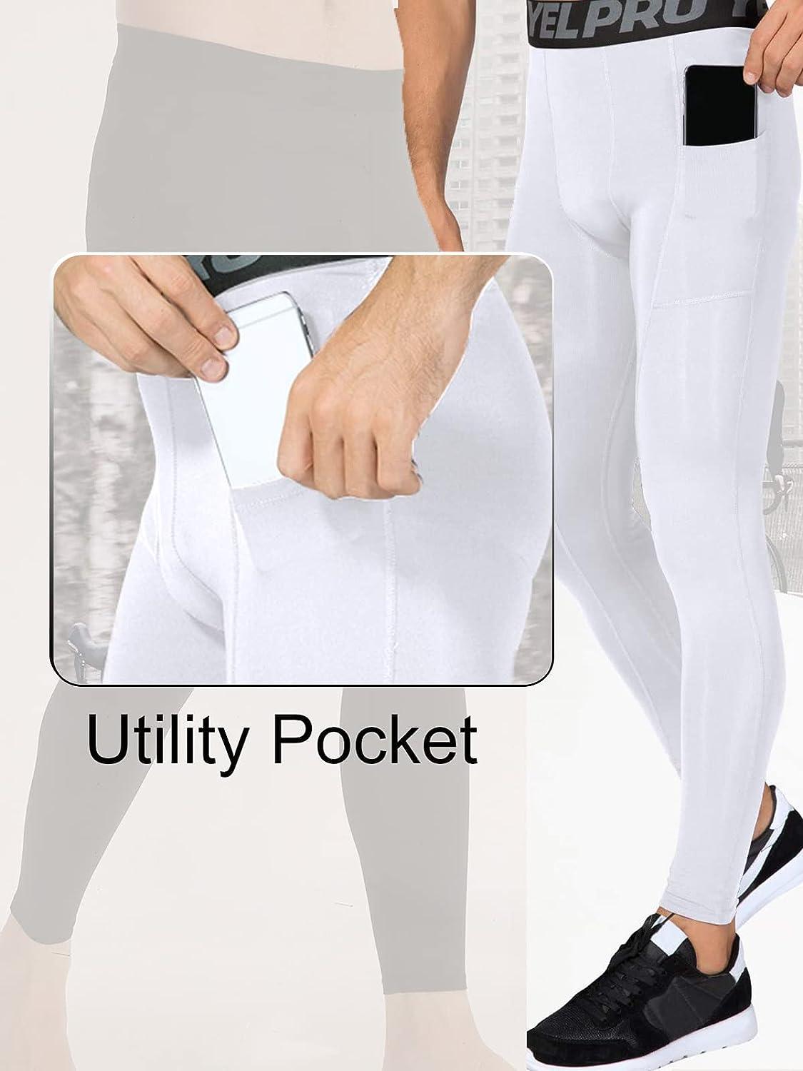 ABTIOYLLZ Men s Compression Pants White Large Sports Leggings for Running Football Workouts with Pocket Non Design 80